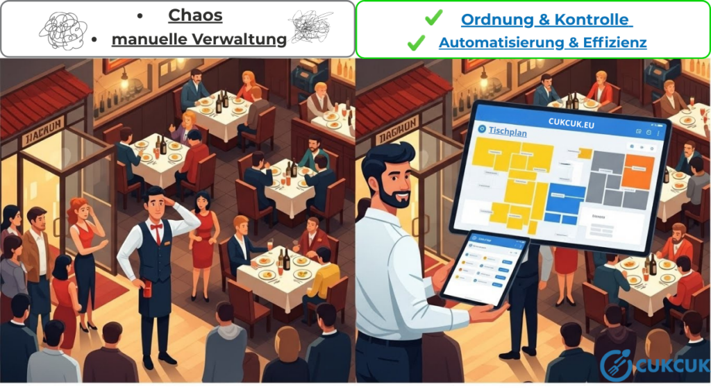 Tischumschlag, Bildschirm mit dem digitalem Tischplan