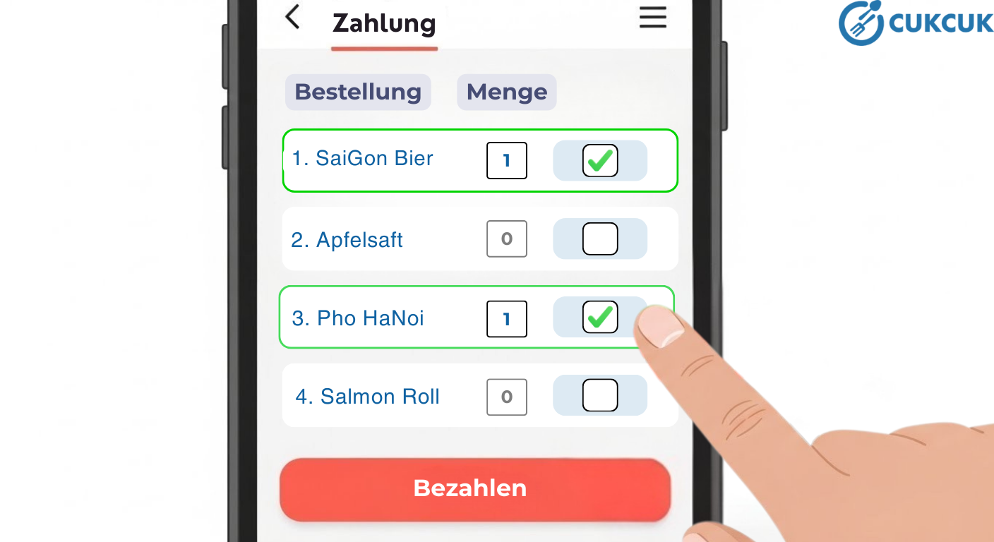 getrennt zahlen, mobile Funktion für die getrennte Zahlung